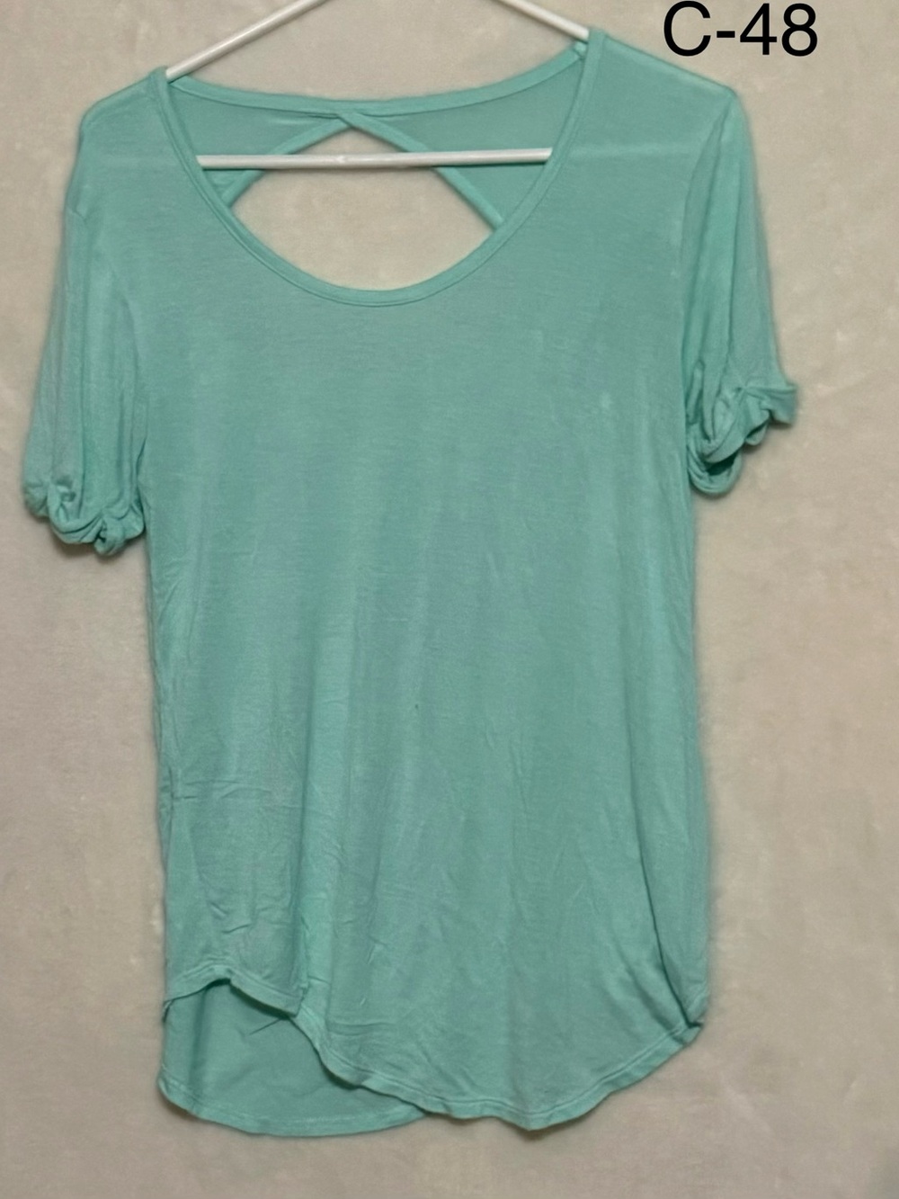 Light Aqua Short Sleeve Women's Top with Crisscross Back